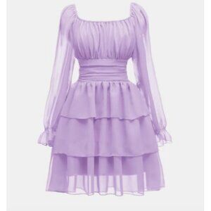 OBBUE Women's A-line Dress, Tie’s Square Neck Layered Mini Dress ~ Size Large